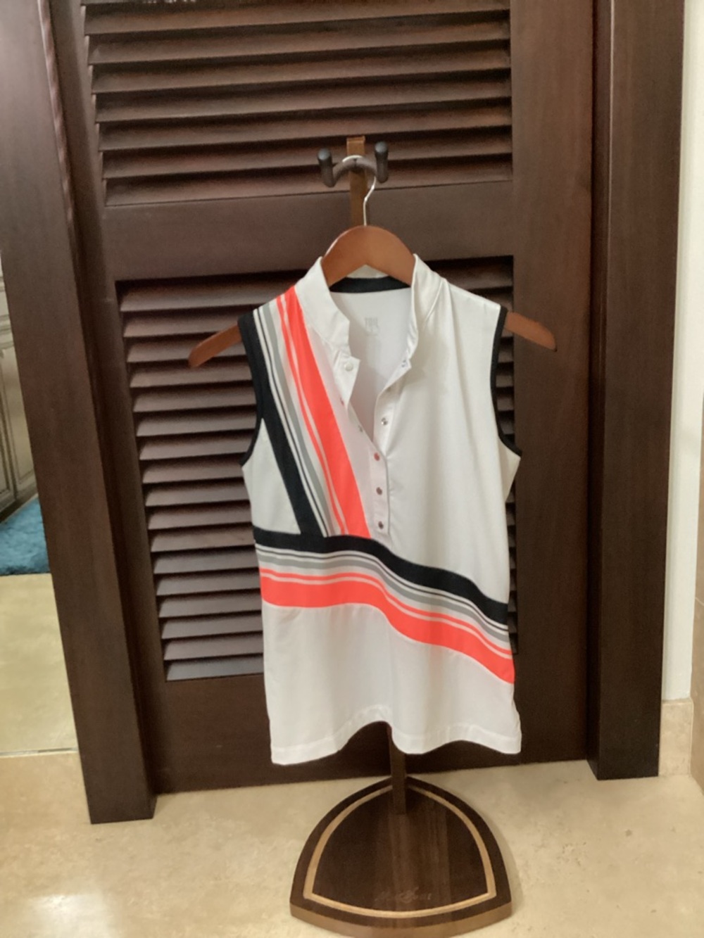 Tail White Sleeveless Polo Top with Coral and Black Stripes
